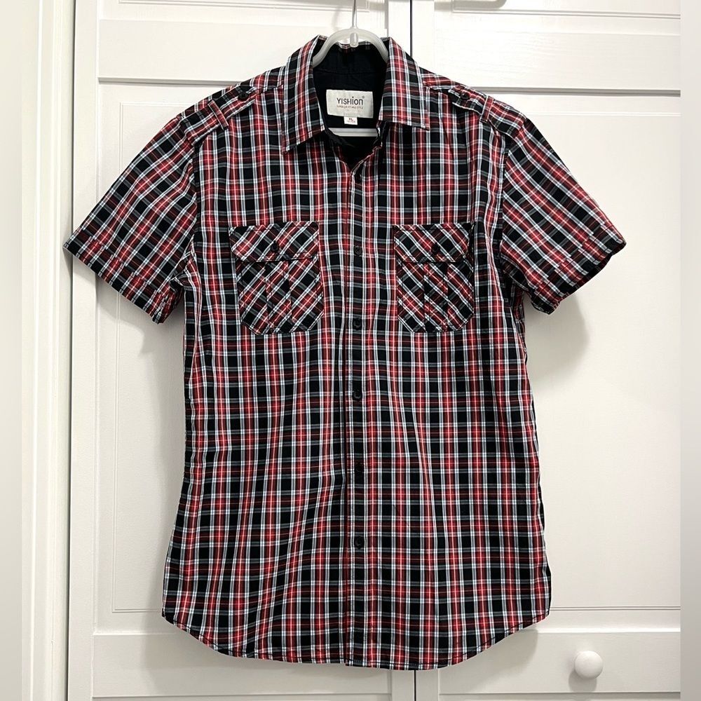 Yishion Mens Short-Sleeve Button Down Plaid Shirt (Size XL)
